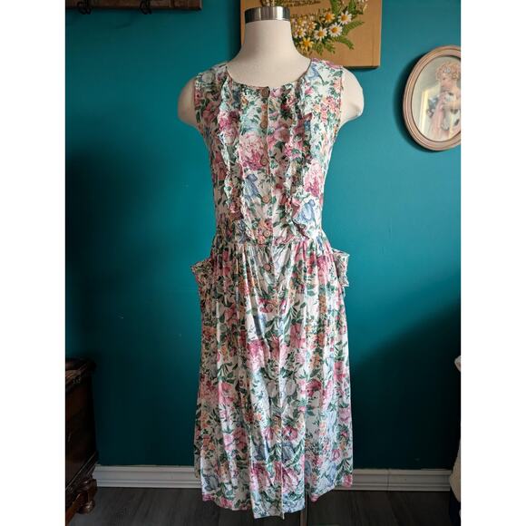 Women's Vintage 90s button front rayon floral dress size medium large tie back - Picture 1 of 6
